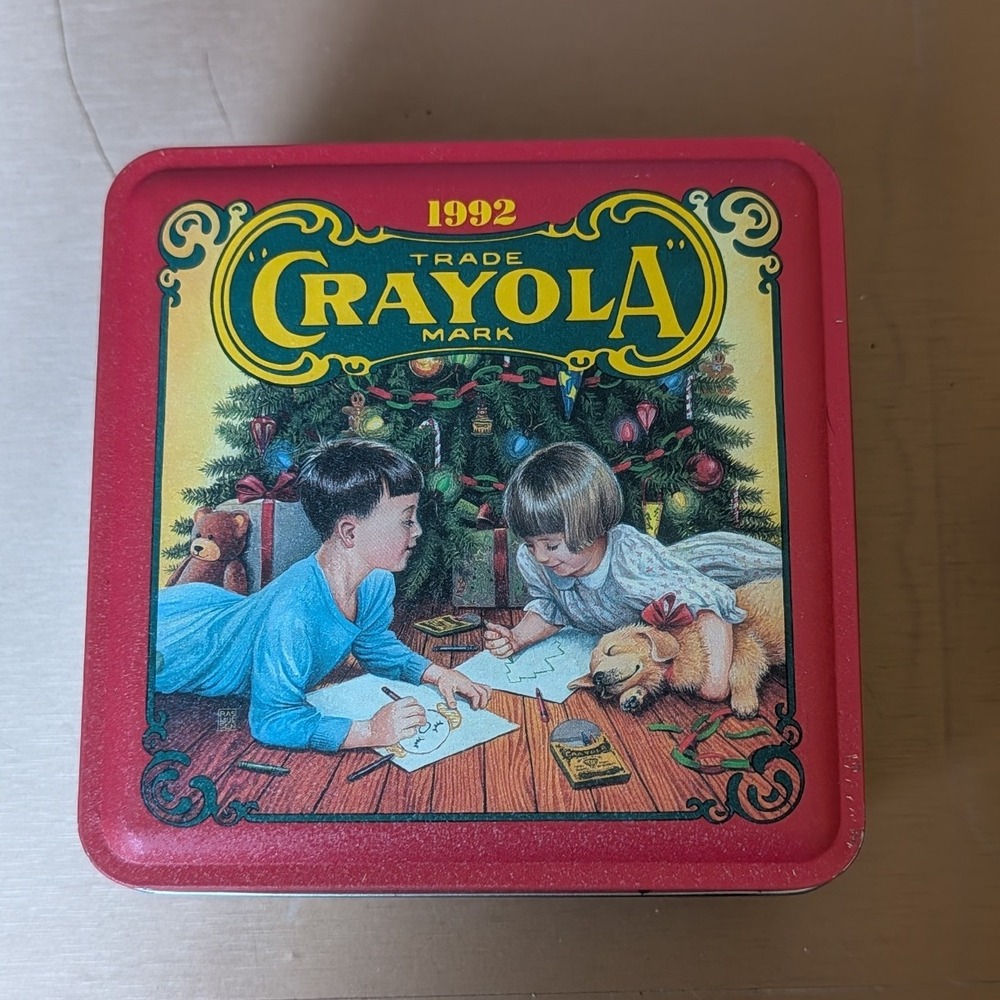 1992 Crayola Tin Box Christmas Scene Children Dog Holiday Decor Collectible